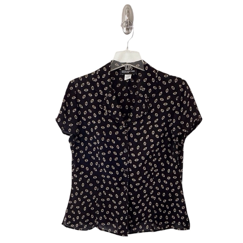 Jones New York Women’s Diamond Patterned Black Silk Blouse Size 10